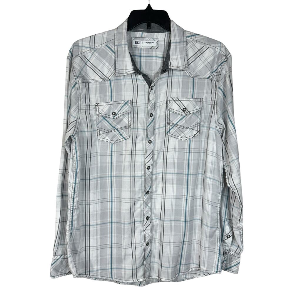 BKE Athletic Fit X-Large Mens Snap Front Shirt Plaid Pockets Collared White Gray